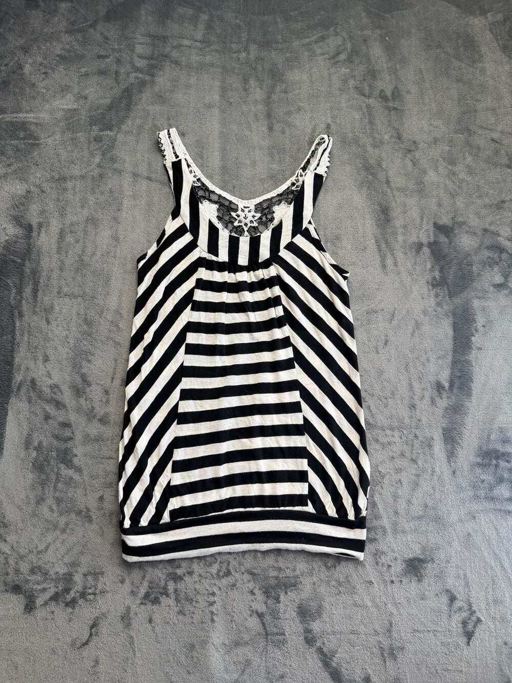 Bluheaven Black and White Striped Tank Top with Lace Neckline Medium
